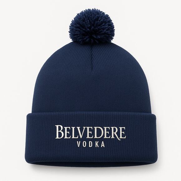 Belvedere Vodka Knit Beanie Hat Cap Pom Cuff Spirit Ski Snowboard OS Navy Blue - Picture 11 of 11